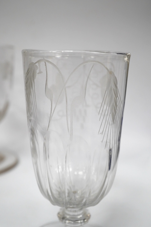 A diamond point engraved commemorative goblet, with the design of the Royal coat of arms, Prince of Wales feathers, horses, riders and a poem, inscribed ‘D.Coghill 1881’ together with a wheel engraved graved rummer, insc